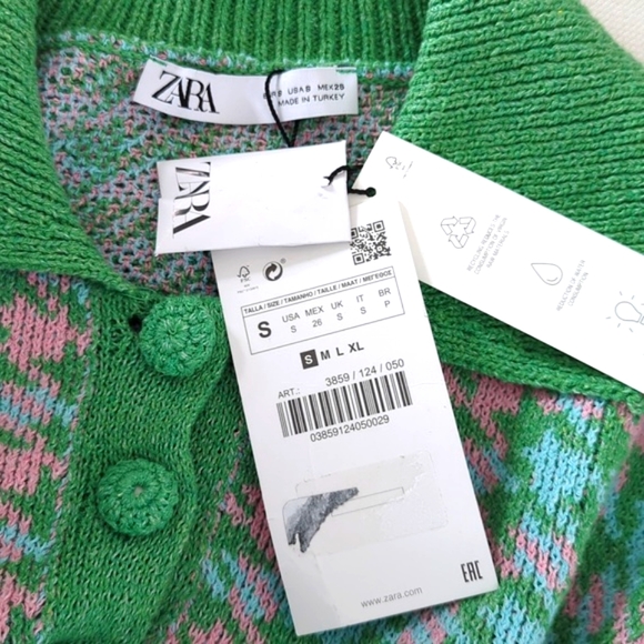 ZARA Houndstooth Knit Crop Cardigan & Skirt Set 2 pc S pink green mini skirt NEW - Picture 7 of 16